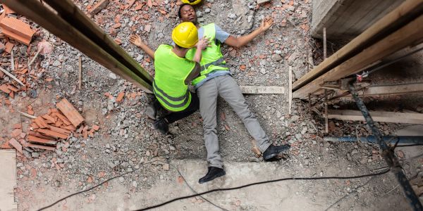 A construction worker aiding an injured colleague lying on the ground.