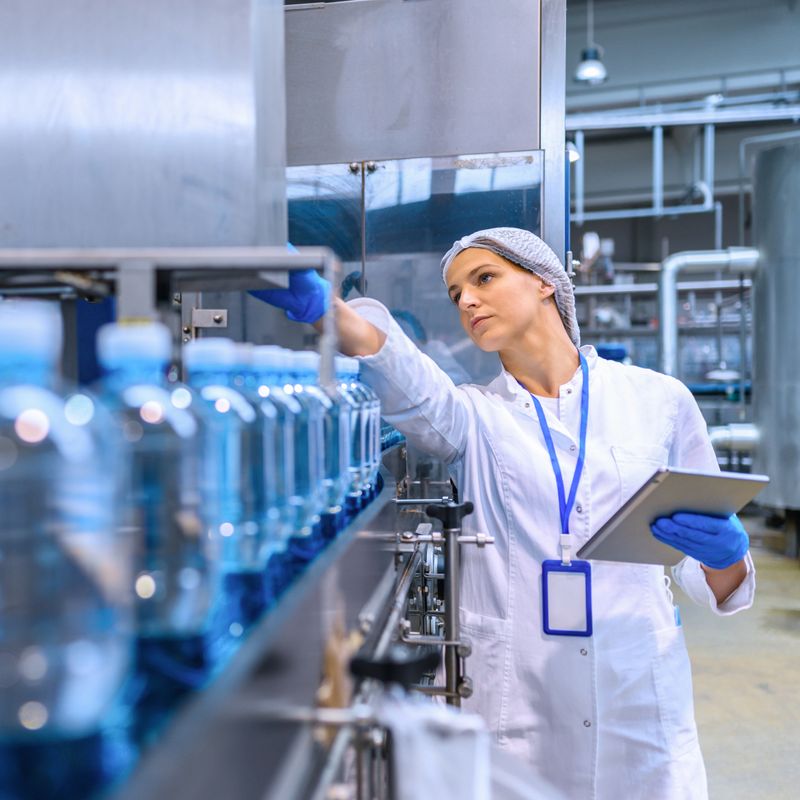 Female worker with protective face mask working in bottling factory and checking water bottles before shipment. Inspection quality control.
