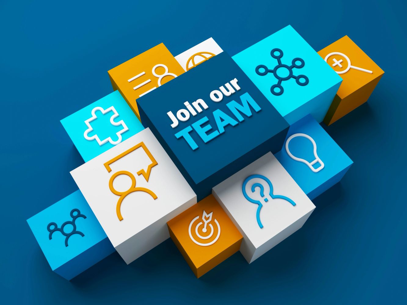 Colorful blocks with icons and "Join our TEAM" text on a blue background.