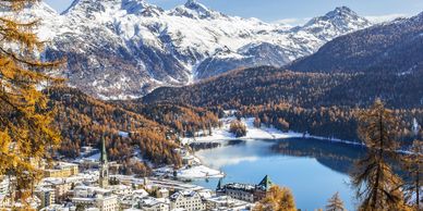 The Lake and Alps surrounding St. Moritz in Switzerland in the winter