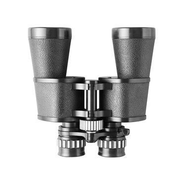 Black textured binoculars isolated on white background.