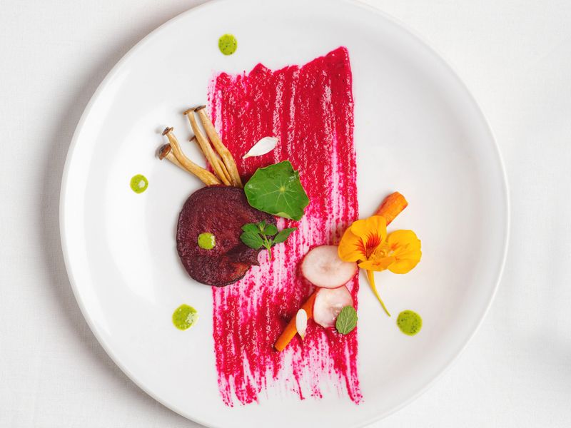 Elegant Gourmet Fine Dine Carrot, Radish, Mushroom with a Brushed Beetroot Reduction and Garnished with Nasturtium Flower and Petals.