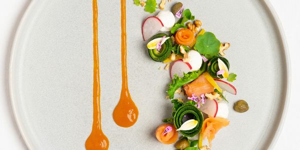 Artfully plated gourmet dish with vegetable curls and sauces on a white plate.