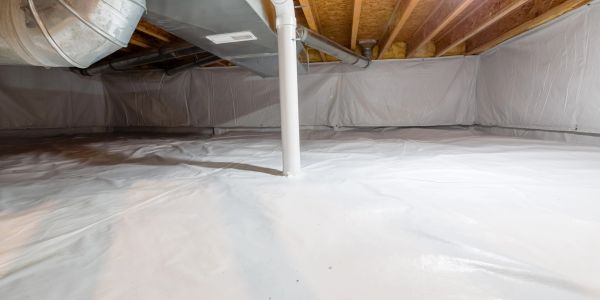 Clean and sealed basement crawl space with vapor barrier.