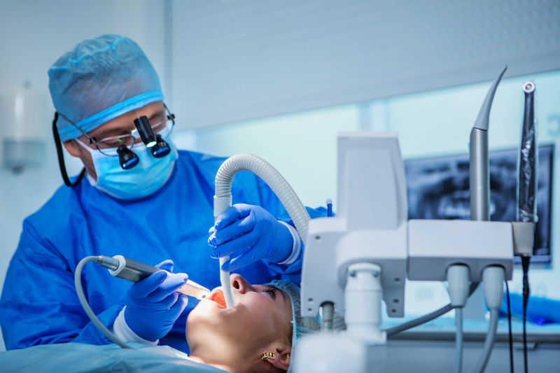 A dentist and assistant working on a patient in a dental surgery