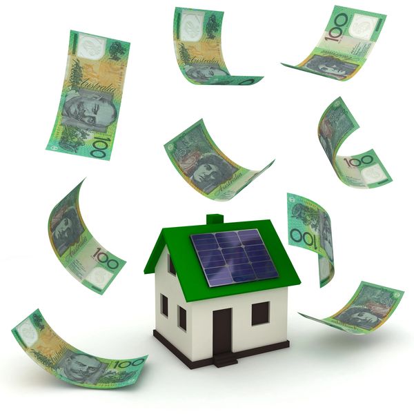 Model house with solar panels surrounded by flying Australian 100-dollar bills.