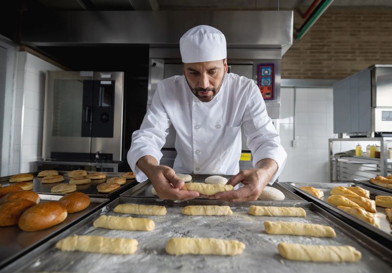 Latin American baker baking pastries at a pastry shop and putting them on a tray for the oven