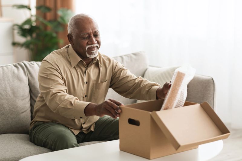 Retirement Concept. Senior African American Man Packing Stuff Putting His Belongings In Cardboard Box Sitting On Sofa Indoors. Retired Lifestyle And End Of Career Concept
