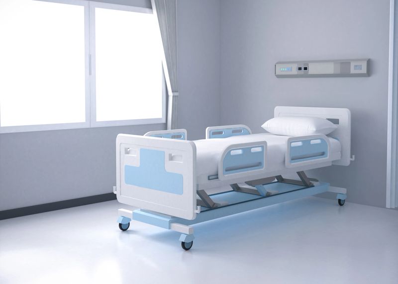 3d rendering hospital interior in recovery or inpatient room with bed and amenities