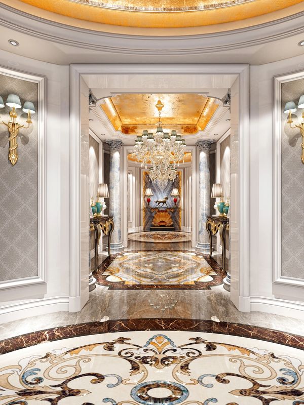 Luxurious hallway with ornate marble flooring and golden chandelier.
