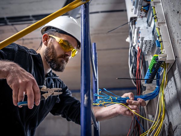 Electrician working on wiring in an industrial setting.