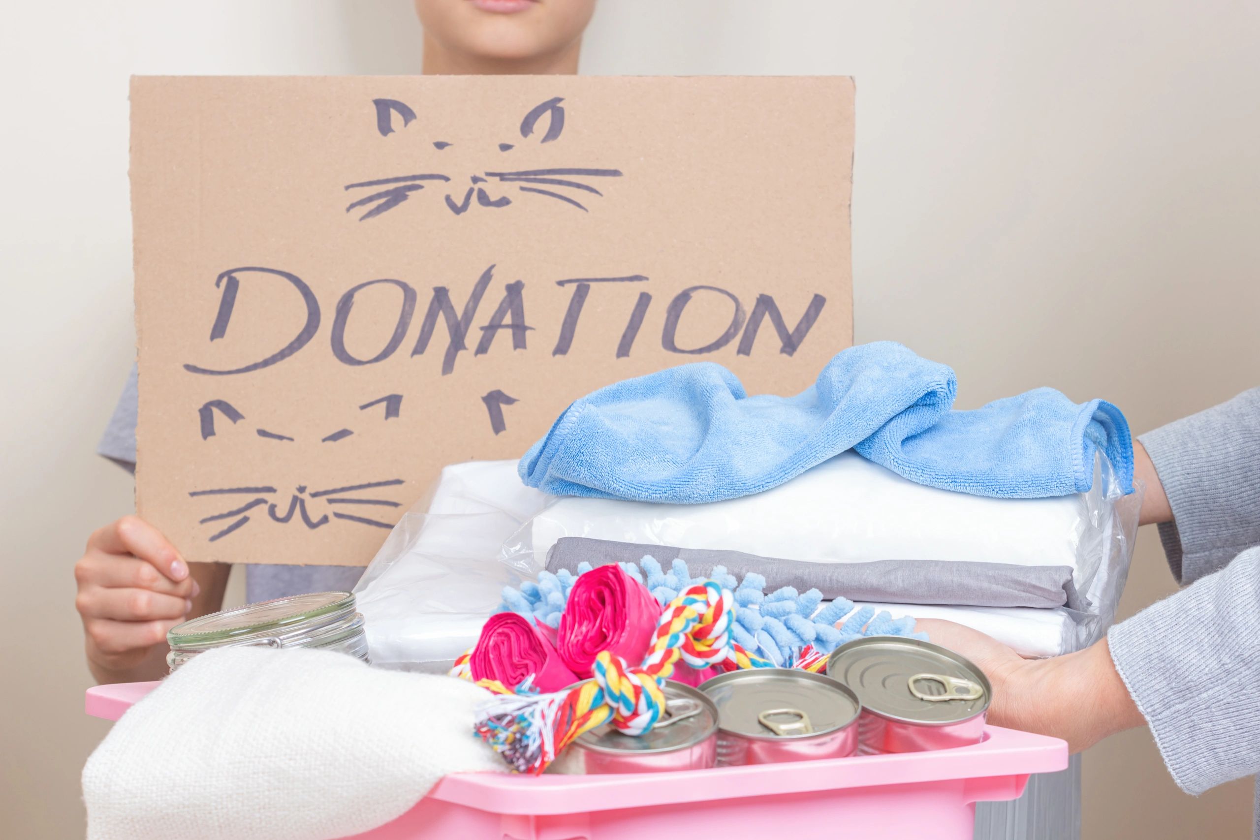 Person holding donation sign and basket with clothes, food, and supplies.