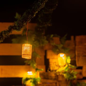 Warm glowing lanterns hanging amidst greenery at night.