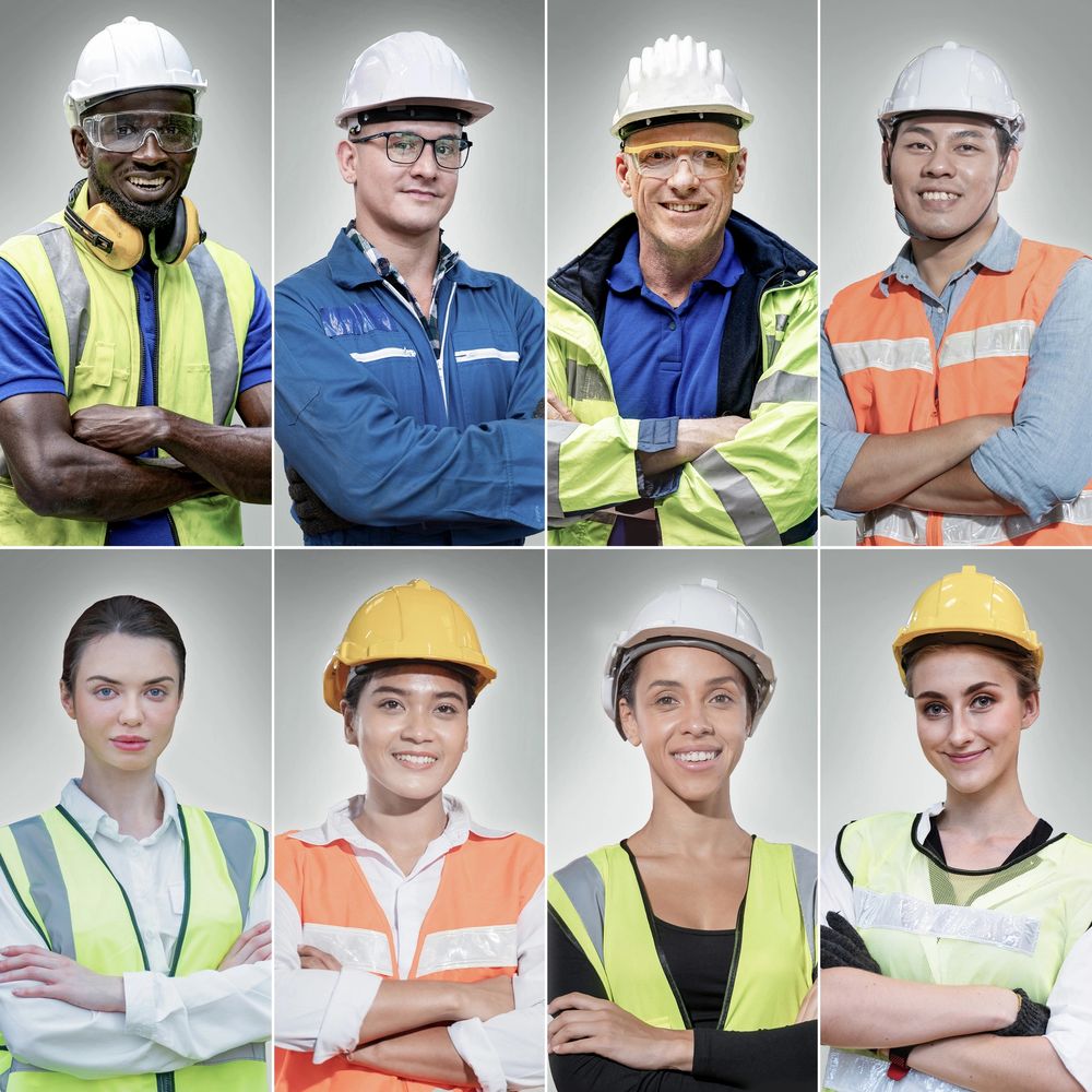Diverse group of smiling construction workers wearing helmets and safety vests.