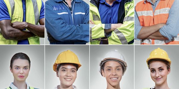 Diverse group of smiling construction workers wearing helmets and safety vests.