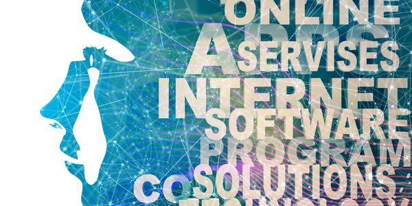 Digital face silhouette with tech network and online service words.