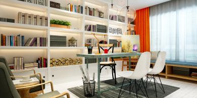 Modern home office with white shelves, desk, and chairs.