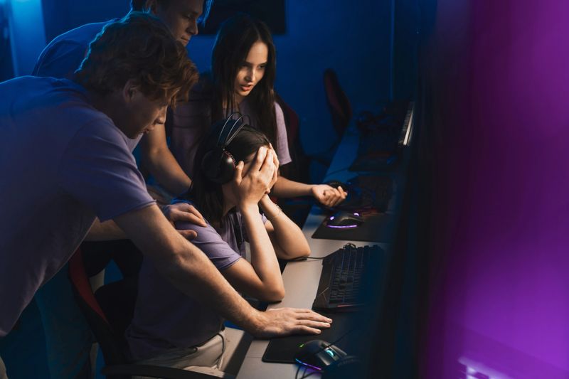 Female online player wearing headphones losing shooter competition. Defeated player sitting on gaming chair late at night and friends calming her