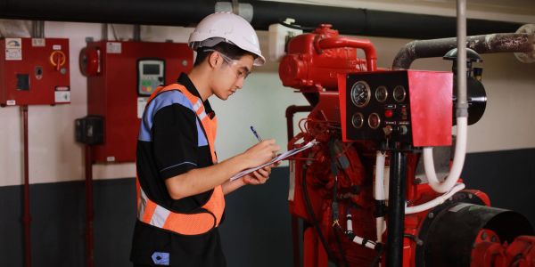 Técnico inspecionando equipamento industrial.