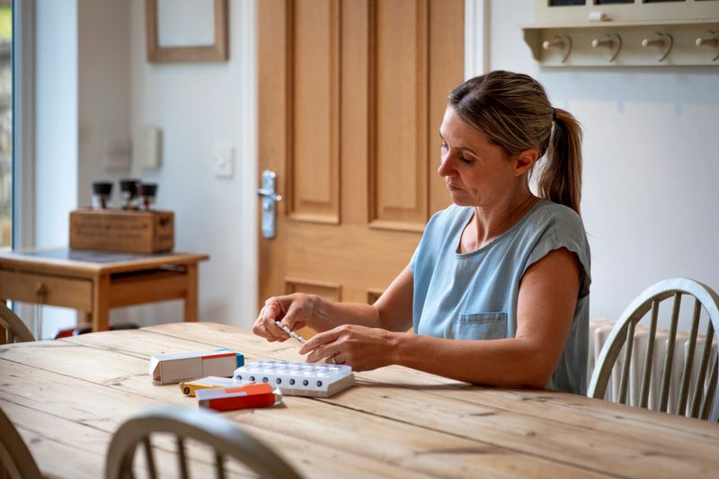 A mid adult woman sitting at her dining table at home, organising her daily medication. She is pushing tablets out of pill packets, ready to transfer them into a pill organiser for the week ahead.