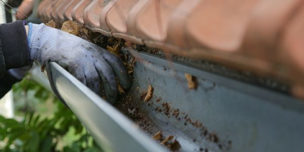 Hand cleaning leaves and debris from a roof gutter.