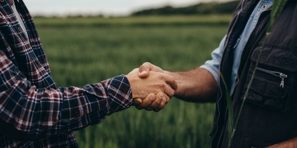 Two people shaking hands in a field.