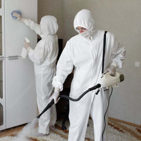 Two people in protective suits disinfecting a room.