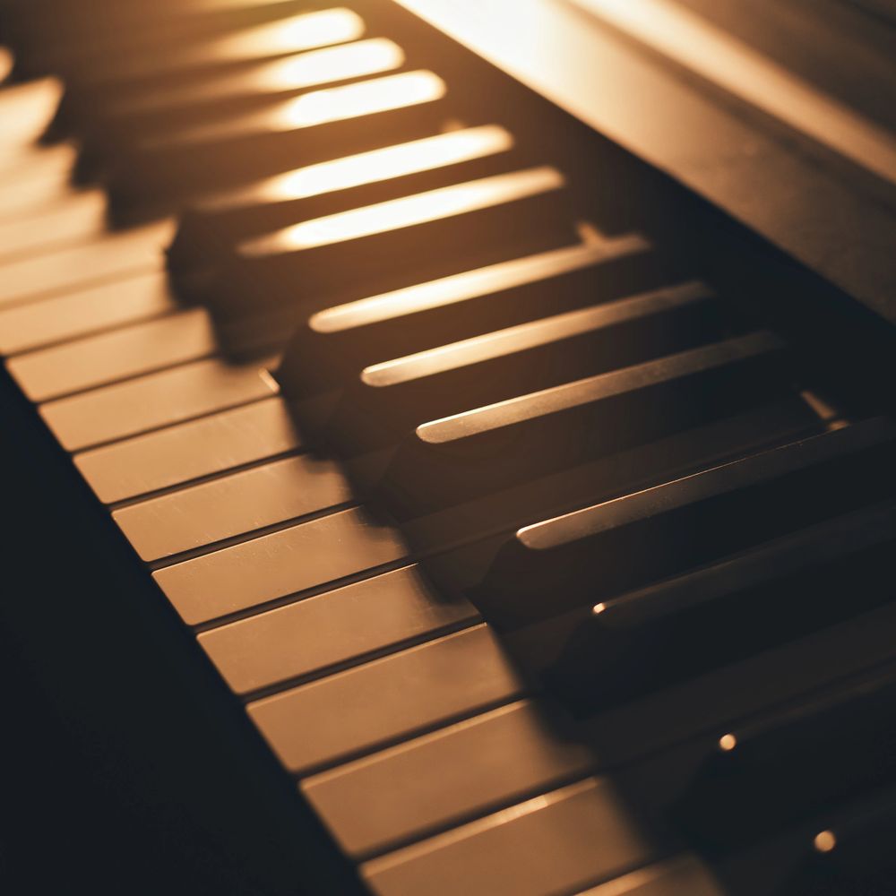Close-up of piano keys illuminated by warm light.