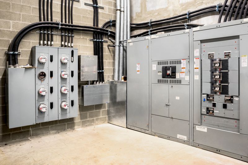 Multiple smart meters, main power breaker, meter stacks and cabinets. Perspective view.