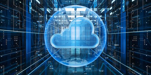 Digital cloud icon floating in a data center with network connections.