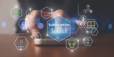 Subscription services spelled out in a hexagon shape with other hexagons floating around with exampl