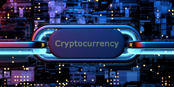 Futuristic digital concept of cryptocurrency with neon lights.