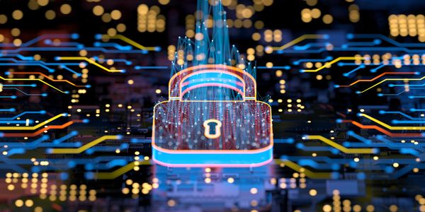 Digital lock symbolizing cybersecurity and data protection on a circuit board for a business covered by cyber insurance