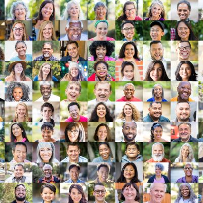 Collage of diverse, smiling people of various ages and backgrounds.
