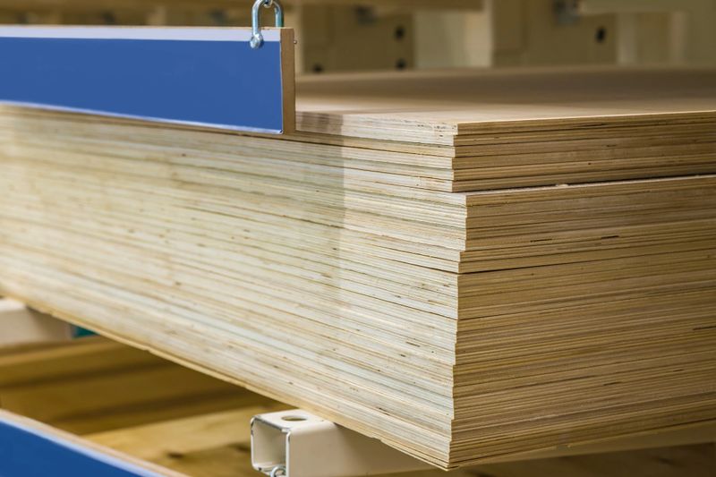 Sheets of thick plywood in a stack in a hardware store. Natural wood material for domestic and industrial production. Construction industry.