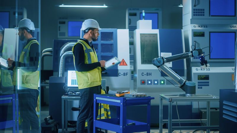 Modern Factory: Professional Engineer Wearing Safety Vest and Hardhat, Uses Industrial Digital Tablet to Program and Manipulate Robot Arm, Optimizing Production Line. Workshop with CNC Machinery