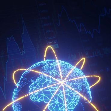 Digital globe with glowing network lines and financial graphs in the background.
