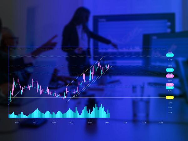 Business professionals analyzing stock market charts in a meeting room.