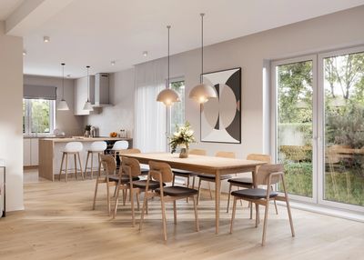 Modern dining area with wooden table and chairs near large glass doors.
home lighting.