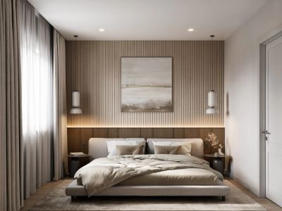 Modern minimalist bedroom with neutral tones and soft lighting.
