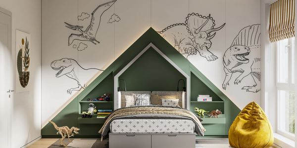 Modern kids' bedroom with dinosaur wall art and green geometric bed frame.