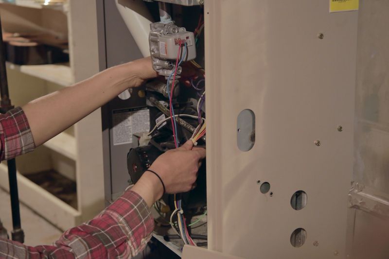 An HVAC technician working on a furnace unit system