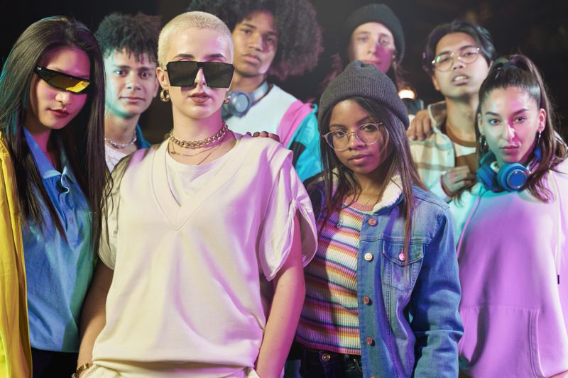 Group of cool teenager friends with funky style looking to the camera at night after music video dance performance party. Focus on African American girl