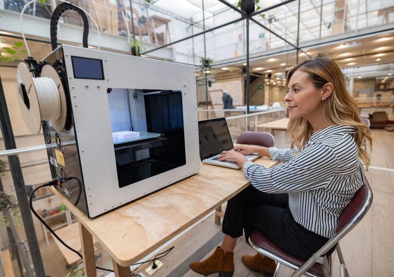Latin American female designer working at the office 3D printing a project