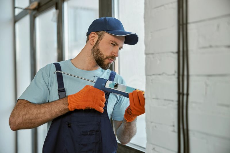 Repairman wearing cap and work gloves while fixing window frame with silicone adhesive gun