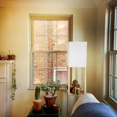 Cozy corner with potted plants, a floor lamp, and a window showcasing a brick wall outside.