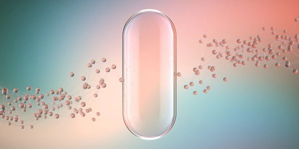 A transparent capsule with floating molecules around it.