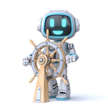 Cute robot steering a ship's wheel with a smile.