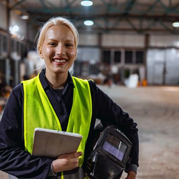 Smiling female worker in a safety vest holding welding gear and a tablet in an industrial setting.