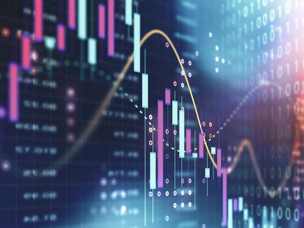 Digital candlestick chart showing financial data and trends with binary code overlay.